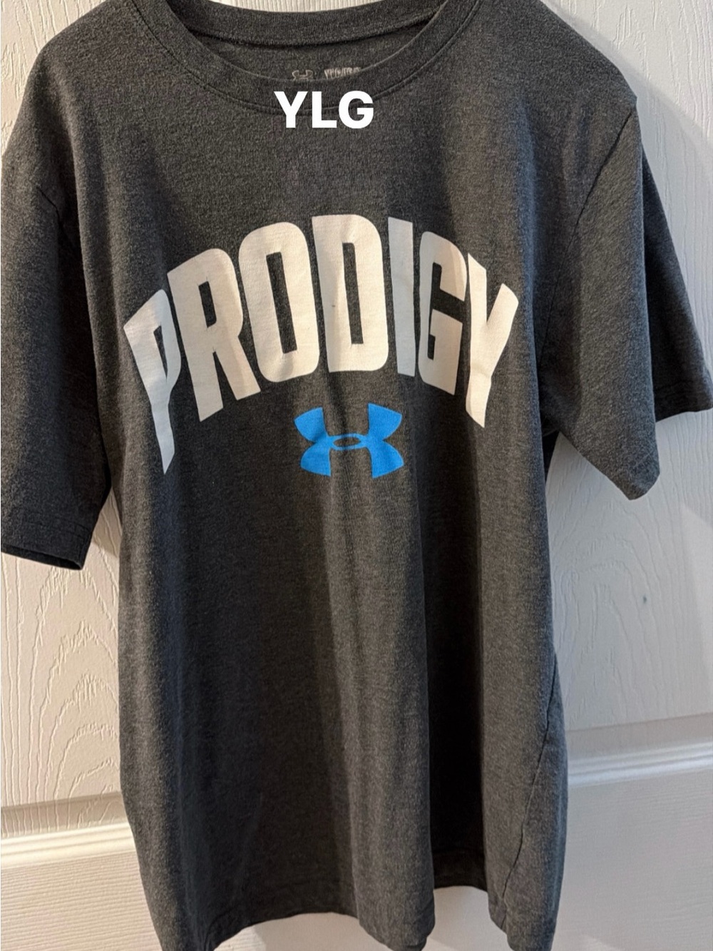 Under Armour Charcoal Tee with White Prodigy Print and Blue Logo